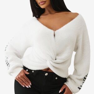 True Religion White V-Neck Knotted Sweater